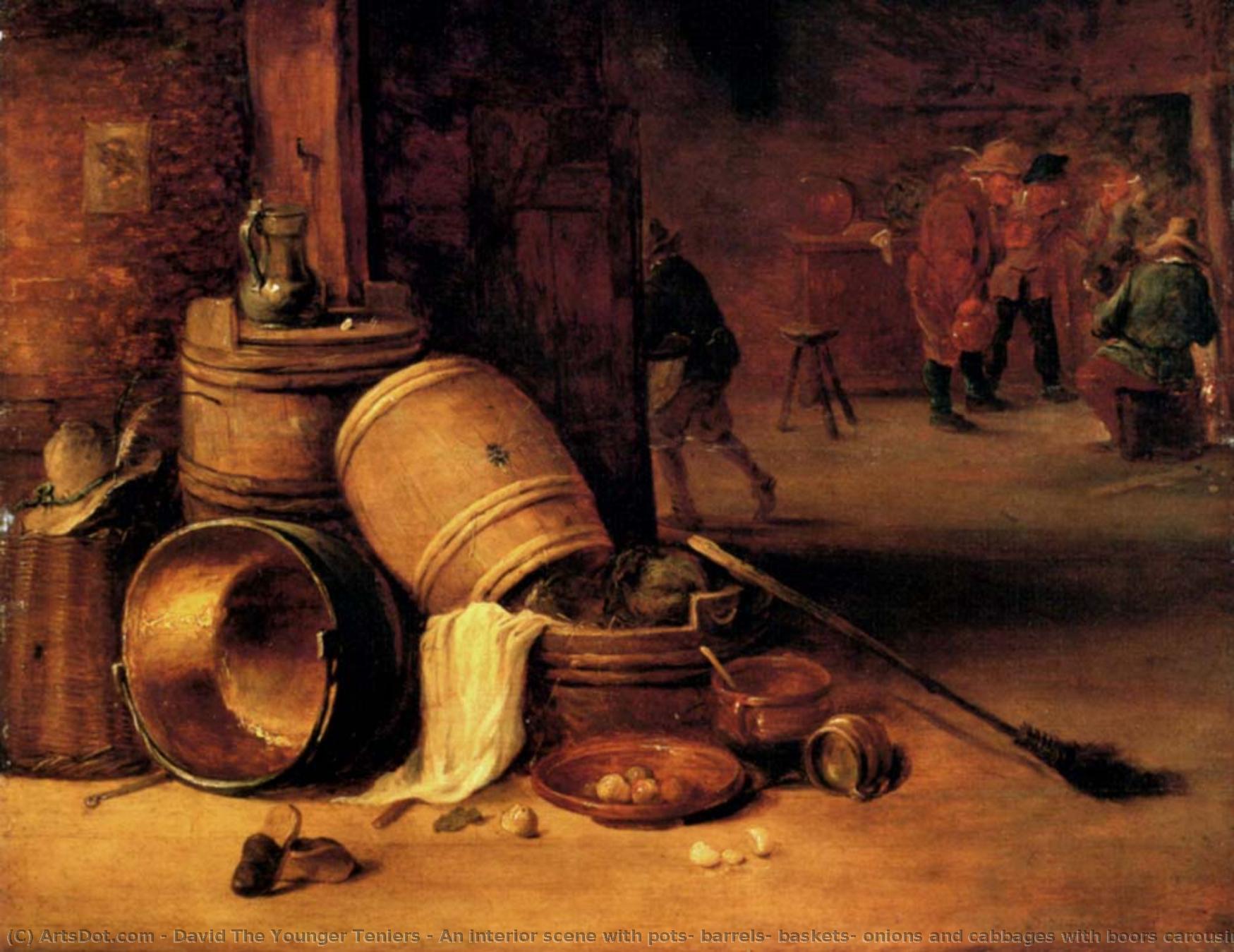 An Interior Scene With Pots, Barrels, Baskets, Onions And Cabbages With Boors Carousing In The Background — David Teniers The Younger