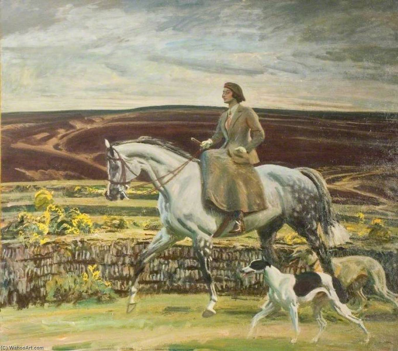 Lady Munnings Riding A Grey Hunter ('magnolia') Side Saddle, With Her Dogs On Exmoor — Sir Alfred James Munnings