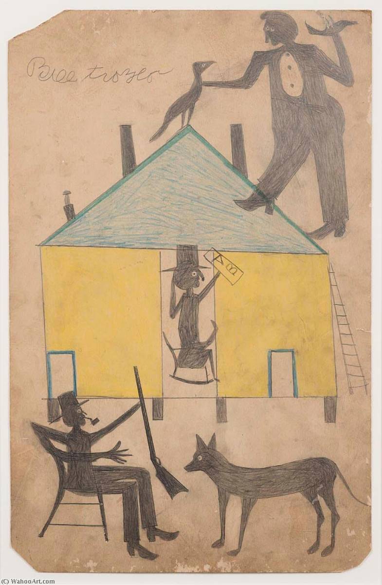 Untitled (yellow And Blue House With Figures And Dog) — Bill Traylor