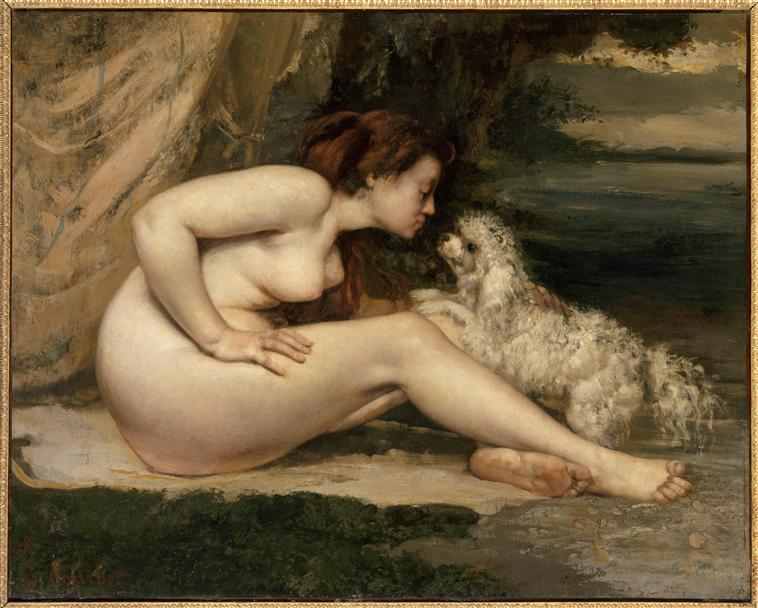Frau Nackt Mit Einem Hund (porträt Von Leotine Renaude) — Gustave Courbet