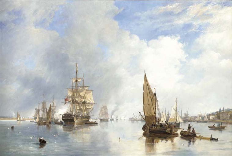 On The Thames At Woolwich, With The Buckinghamshire Indiaman Going Down The River — John Wilson Carmichael