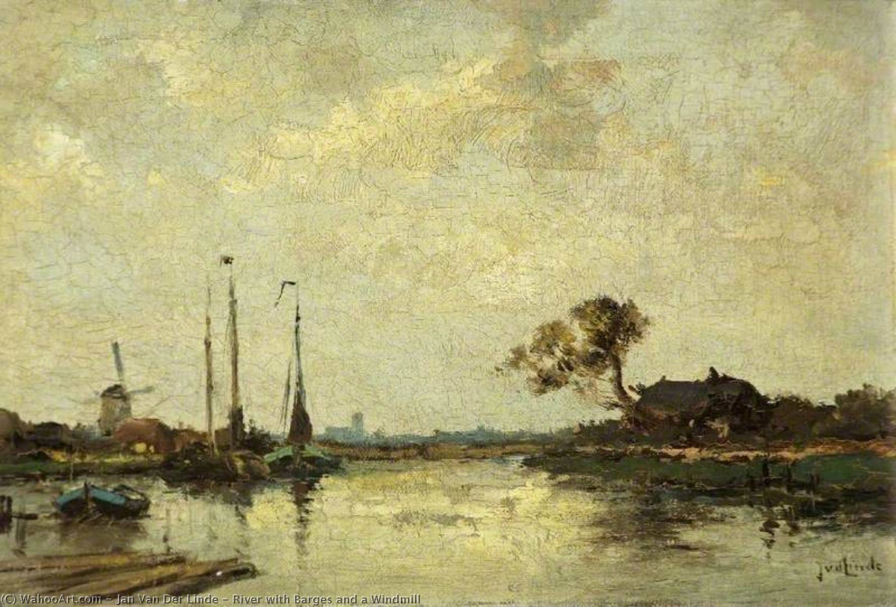 River With Barges And A Windmill — Jan Van Der Linde