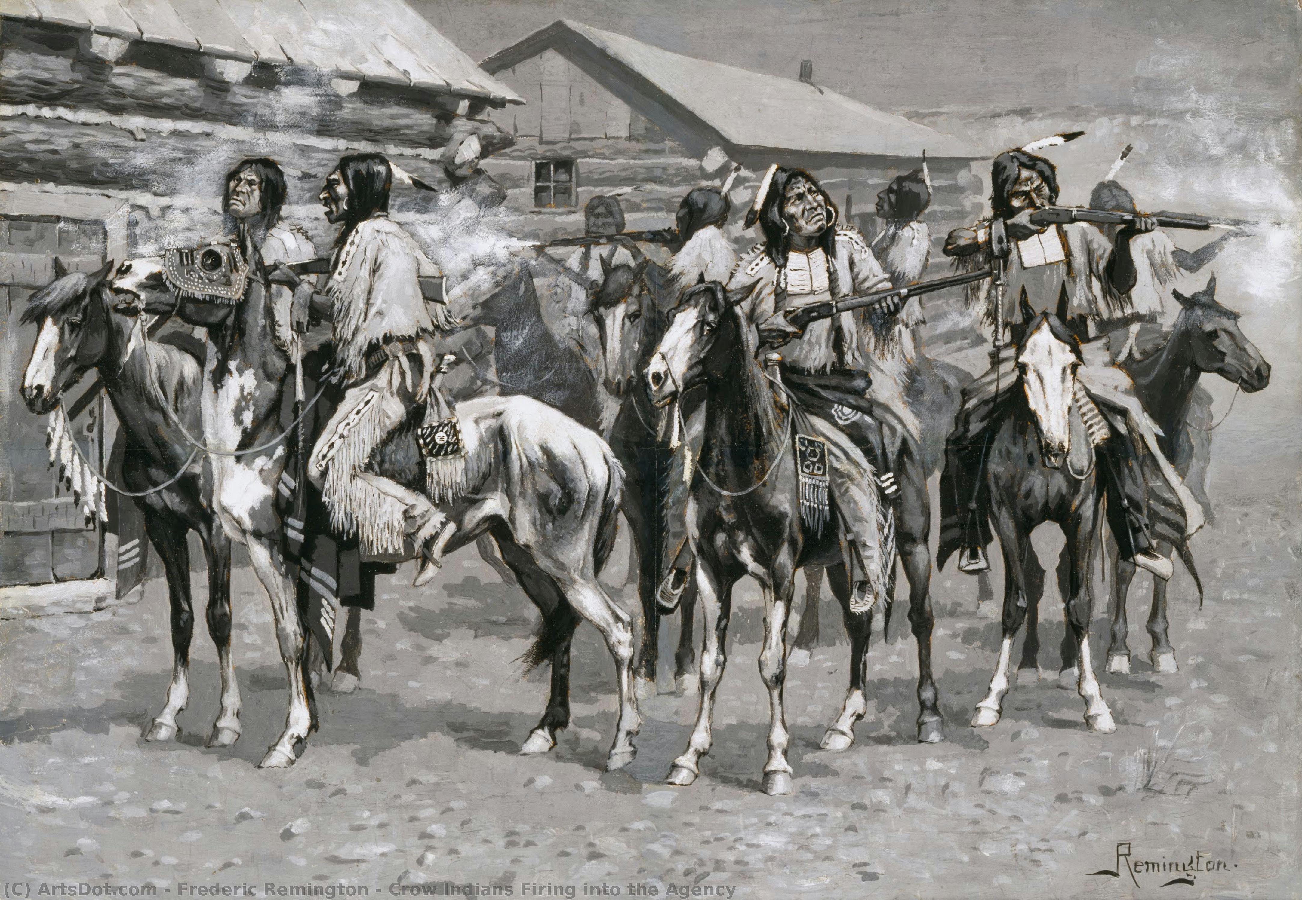 Crow Indians Firing Into The Agency — Frederic Remington