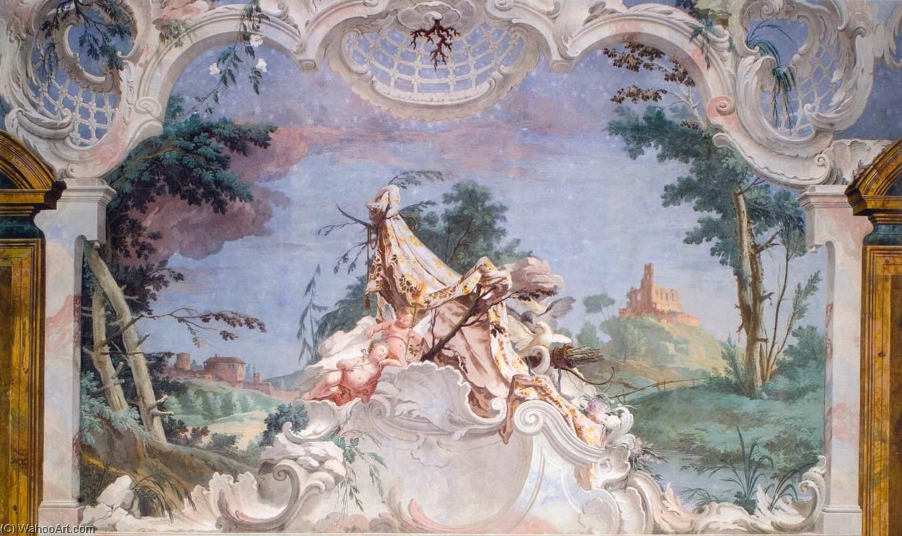 Sleeping Eros With A Putto And Doves In A Starry Landscape — Andrea Urbani
