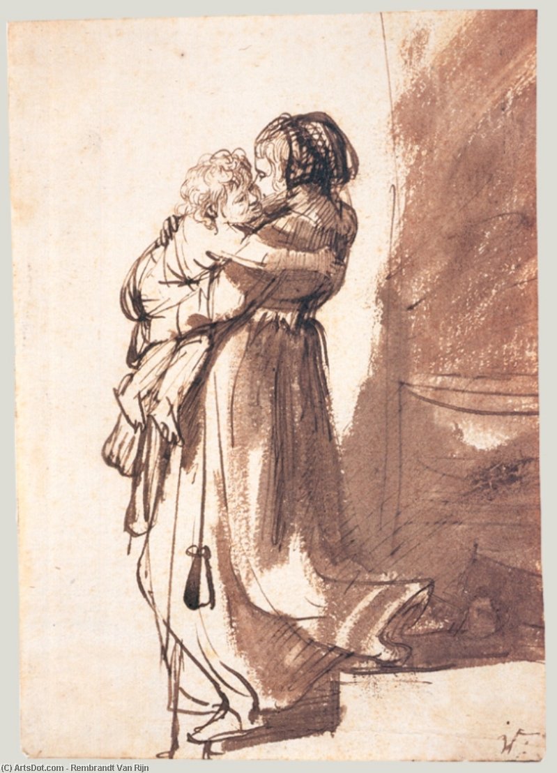 A Woman And Child Descending A Staircase — Рембрант