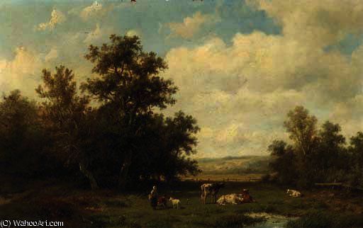 Figures And Cattle In A Sunlit Meadow — Anthonie Jacobus Van Wijngaerdt