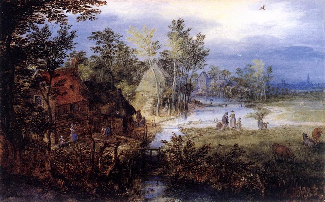 Village Scene With Figures And Cows — Jan Brueghel The Elder