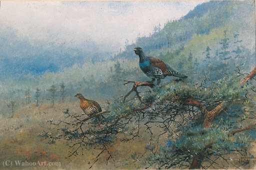 A Pair Of Capercaillie In A Scottish Landscape; And Mallard On A Pond — George Edward Lodge
