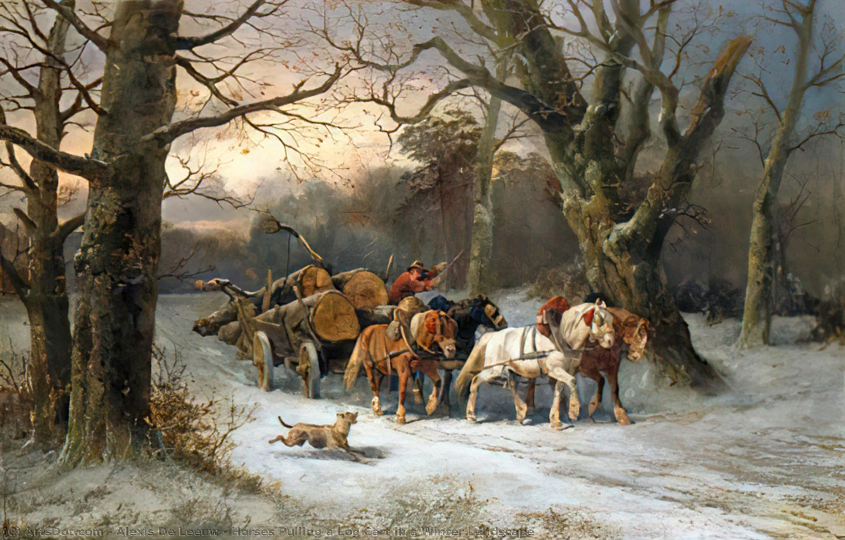 Horses Pulling A Log Cart In A Winter Landscape — Alexis De Leeuw