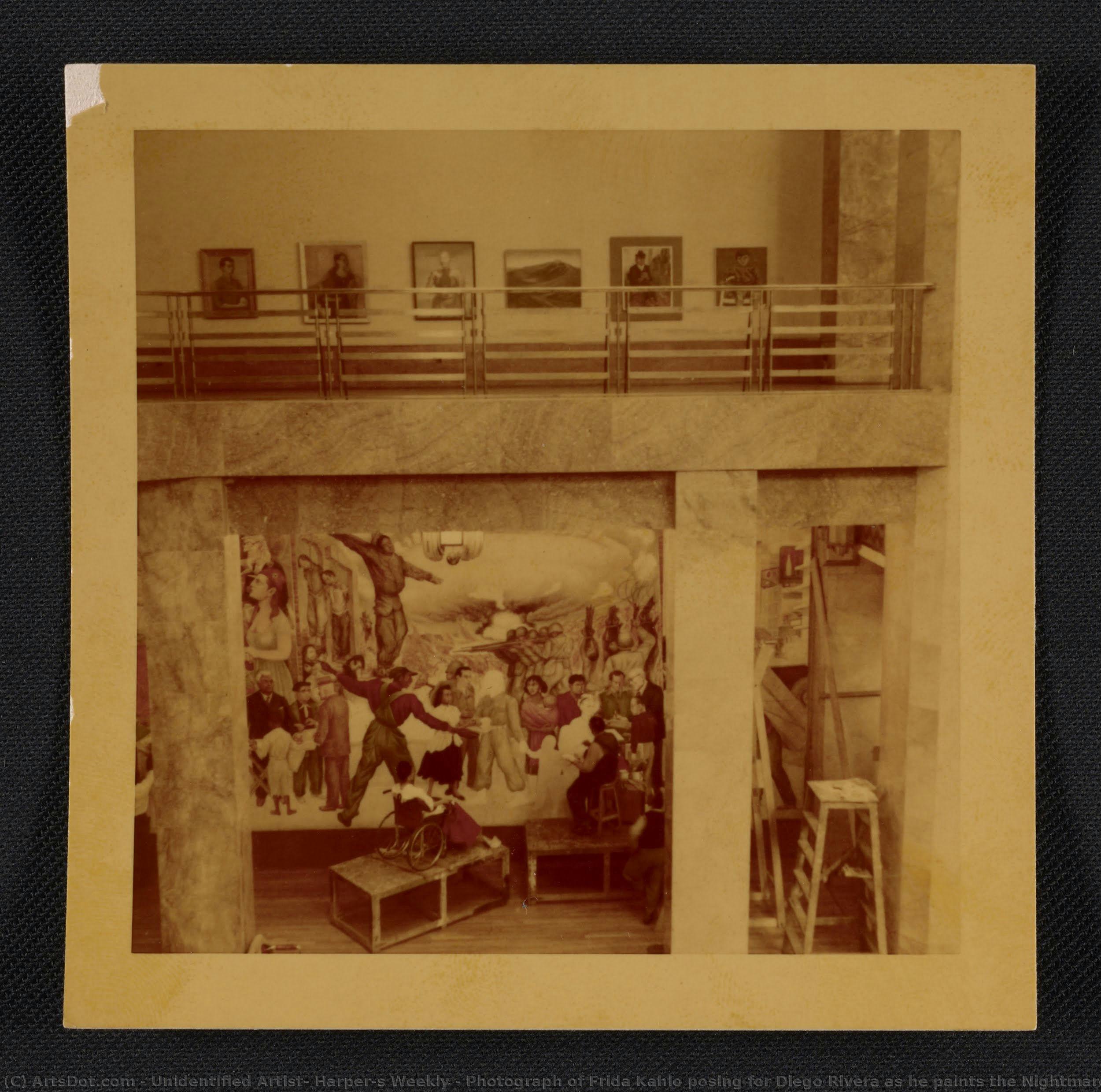 Fotografía De Frida Kahlo Posando Para Diego Rivera Mientras Pinta El Fresco Pesadilla De La Guerra, Sueño De La Paz — Artista No Identificado, Harper's Weekly