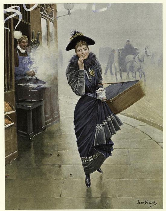 Woman Eating Roasted Nuts Walking Down A City Street, France — Jean Georges Béraud