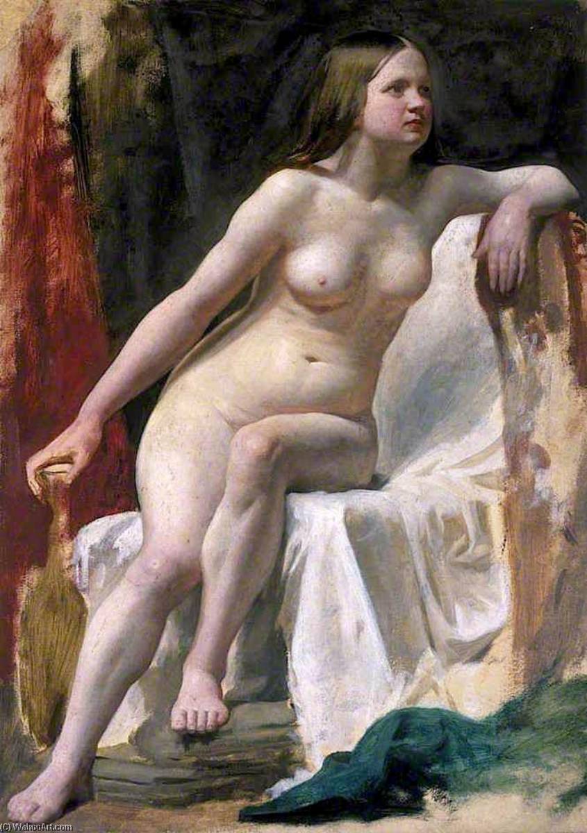 Life Study Of A Female Nude Model Seated On White Drapery — William Mctaggart