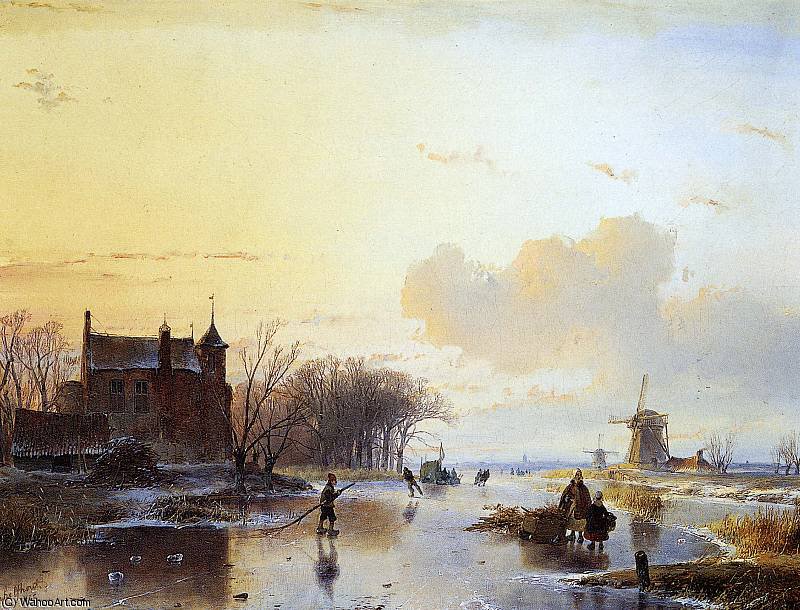 Mother And Child On Frozen River Sun — Andreas Schelfhout