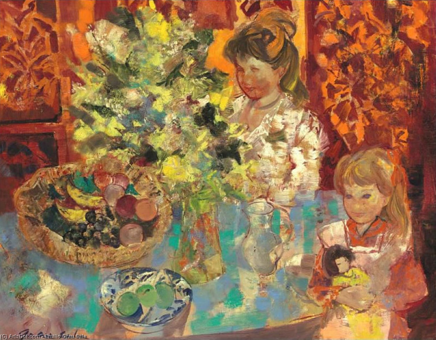 Interior With Flowers, Woman And Child, (1966) — Emilio Grau Sala