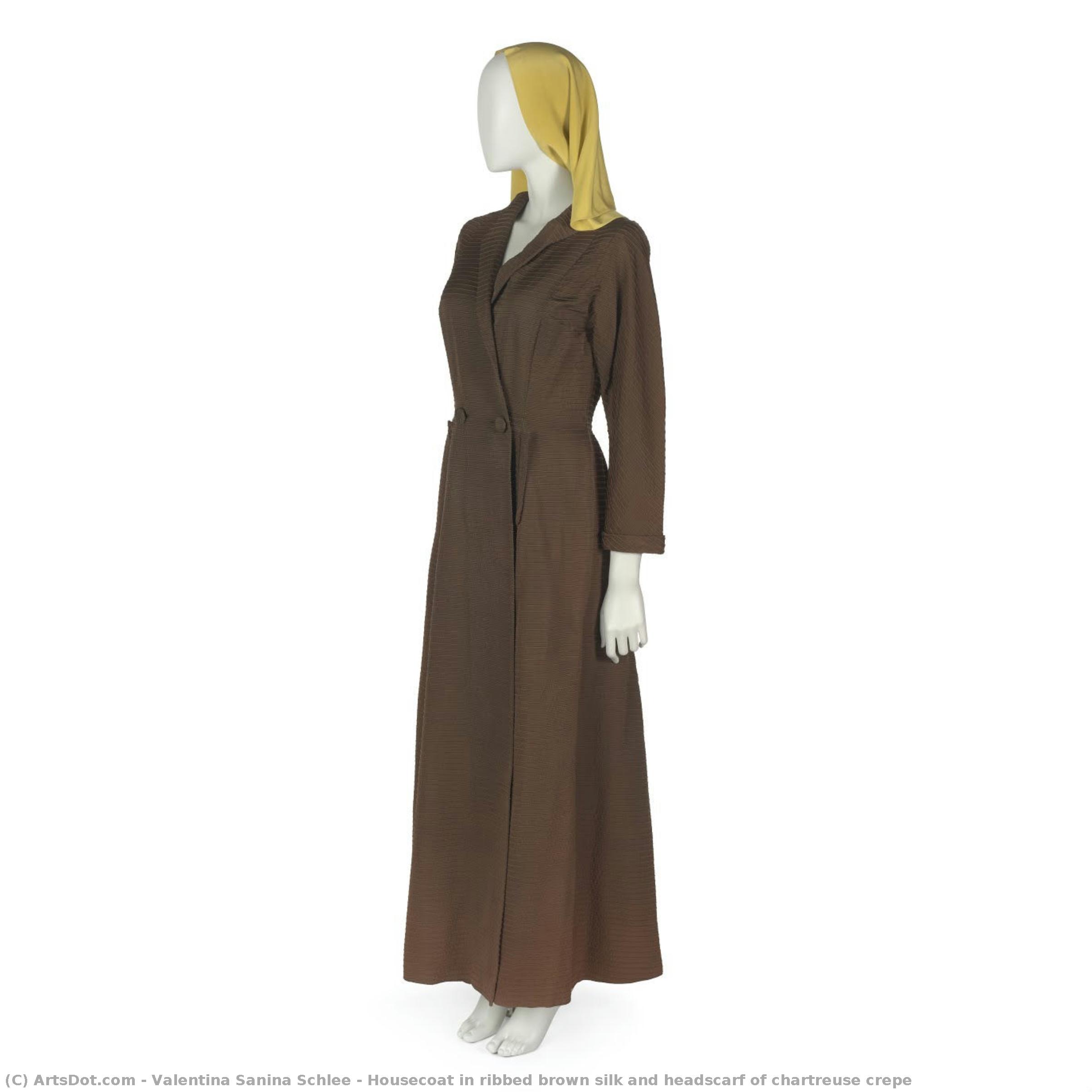 Housecoat In Ribbed Brown Silk And Headscarf Of Chartreuse Crepe — Valentina Sanina Schlee