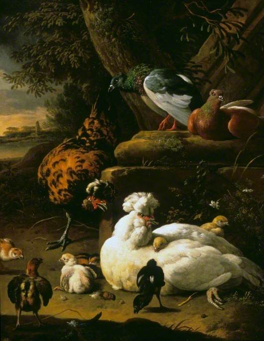 A Hen With Chicks, A Rooster And Pigeons In A Landscape — Melchior De Hondecoetter