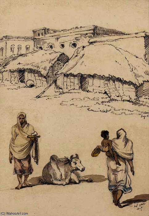 Two Women And A Cow Before An Indian Village — George Chinnery