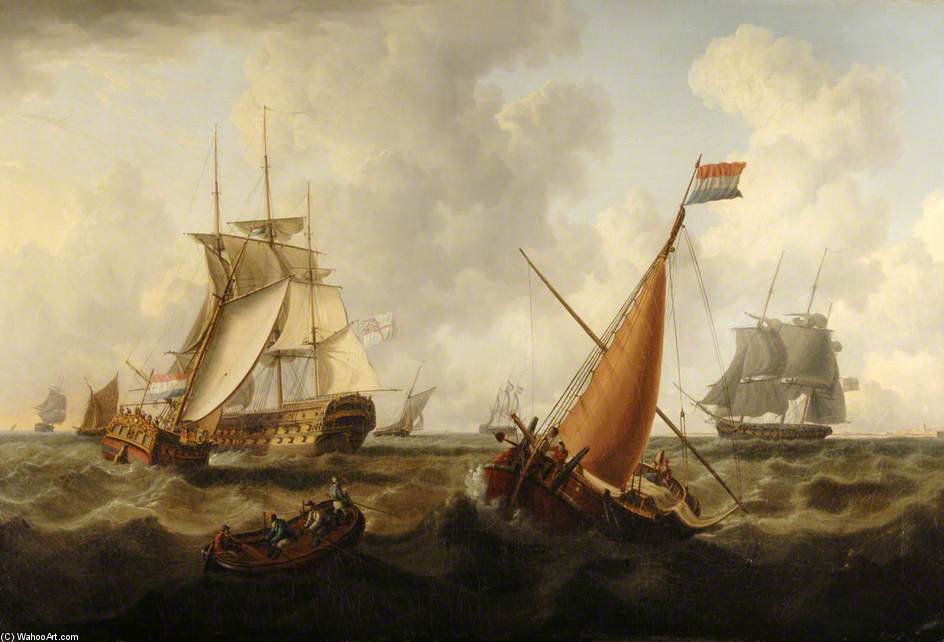 Dutch And British Men O' War Off The Coast, Dutch Boat In The Foreground — Charles Martin Powell