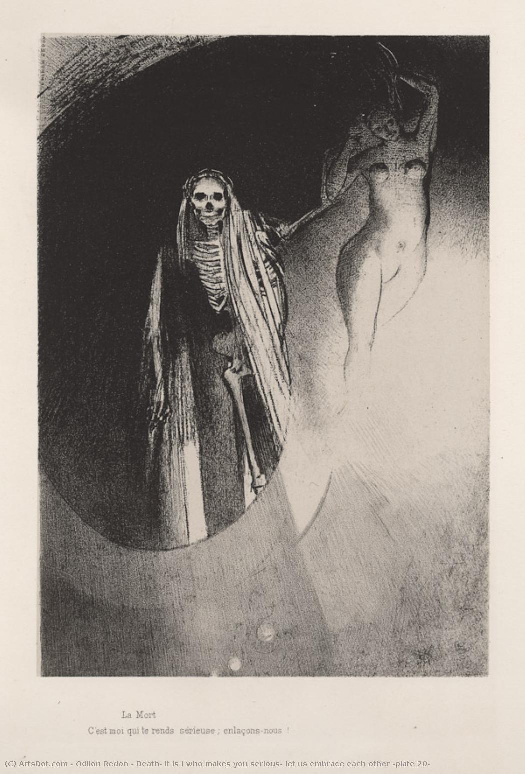 Death: It Is I Who Makes You Serious; Let Us Embrace Each Other (plate 20) — Odilon Redon