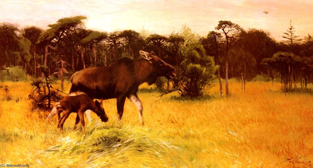 Moose With Her Calf In A Landscape — Friedrich Wilhelm Kuhnert