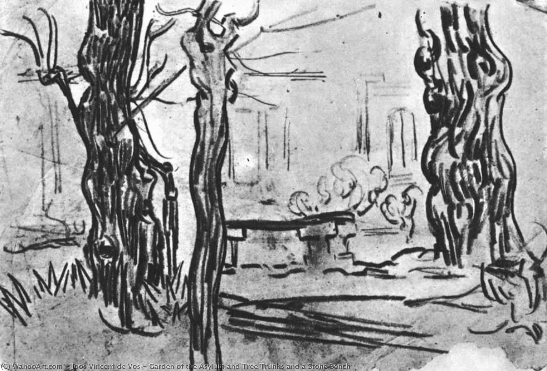 Garden Of The Asylum And Tree Trunks And A Stone Bench — Joos Vincent De Vos