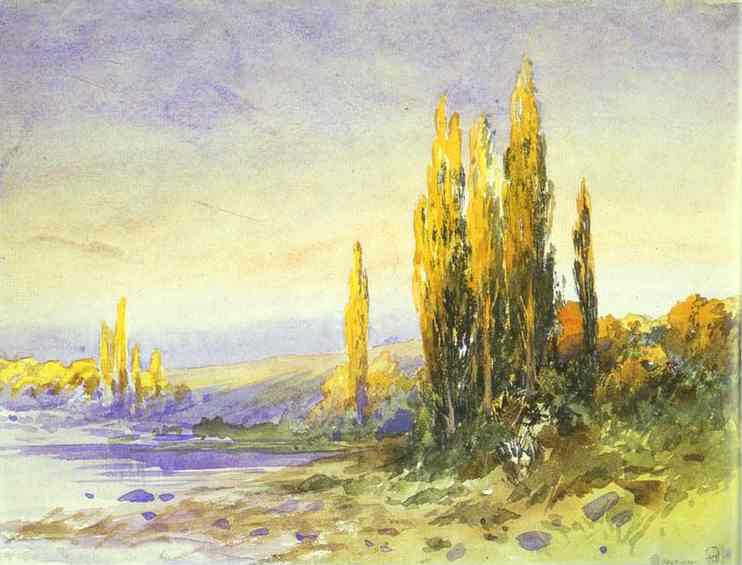Lombardy Poplars On The Bank Of A Lake. Evening — Fyodor Alexandrovich Vasilyev