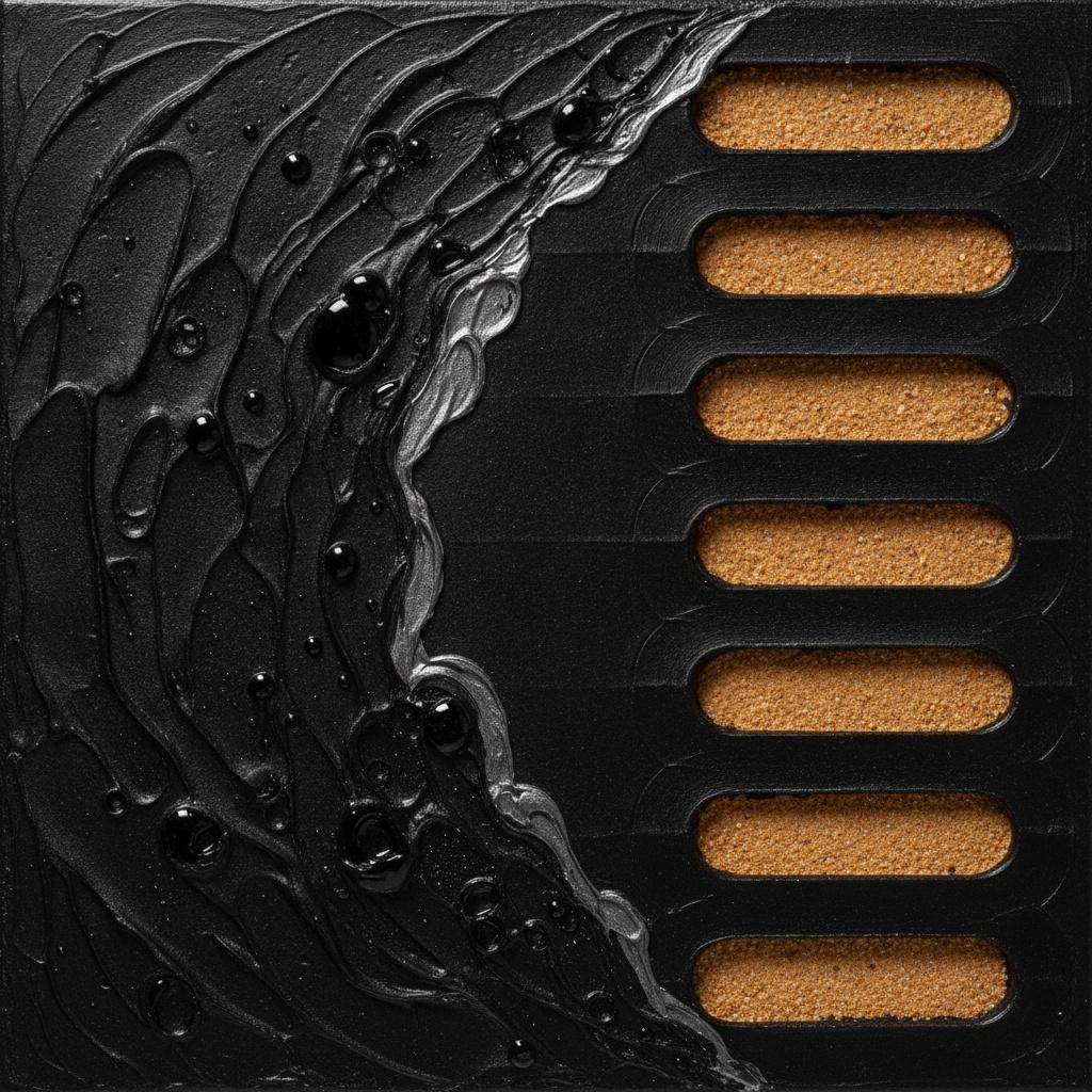 Viscous Black Waves Encroaching Upon Ochre Grid Apertures — David Moreau