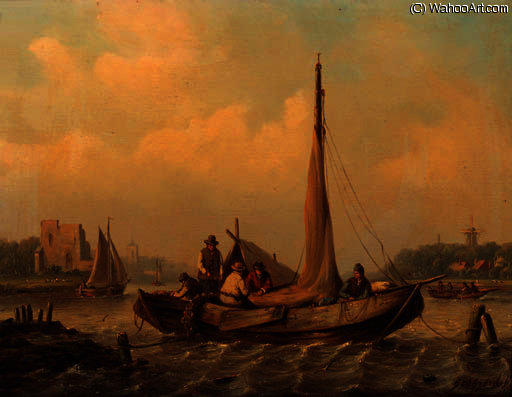 Sailors In Moored Barges On A River Estuary — George Willem Opdenhoff