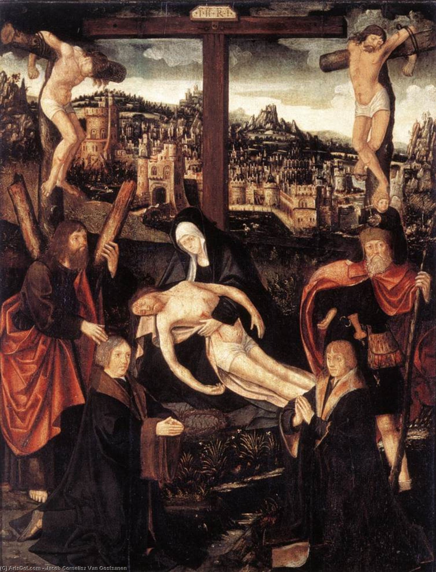 Crucifixion With Donors And Saints — ヤコブ・コルネリス・ファン・オーストサネ
