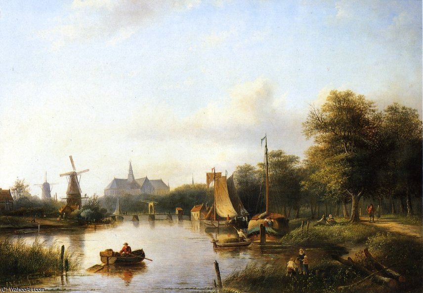 A View Of The River Spaarne - Haarlem - With Moored Shipping A....ch In The Background — Jan Jacob Spohler