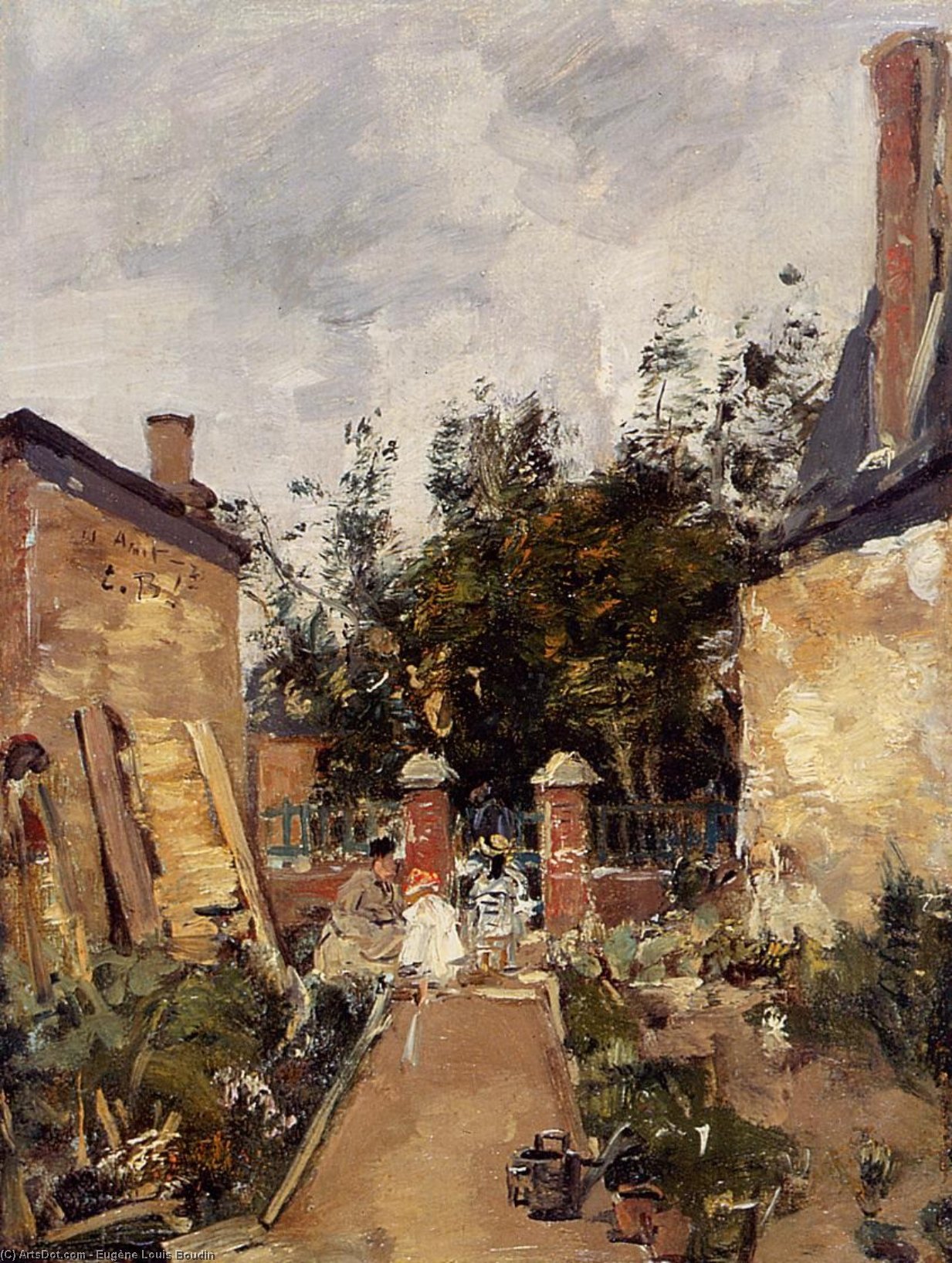 Madame S With Her Children In Their Garden At Trouville — Eugène Louis Boudin