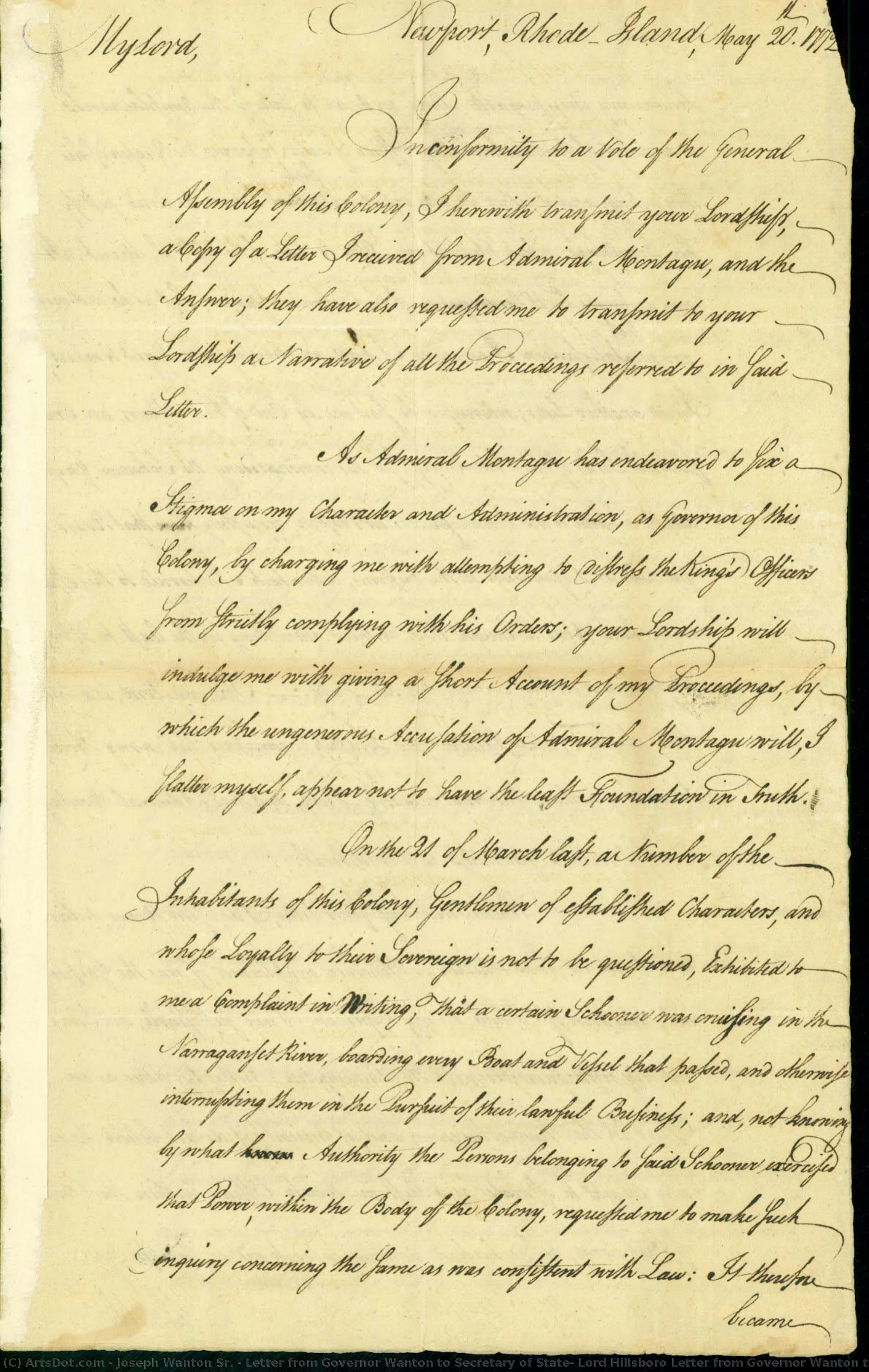 Letter From Governor Wanton To Secretary Of State, Lord Hillsboro Letter From Governor Wanton To Secretary Of State, Lord Hillsboro, Page 1 — Joseph Wanton Sr.