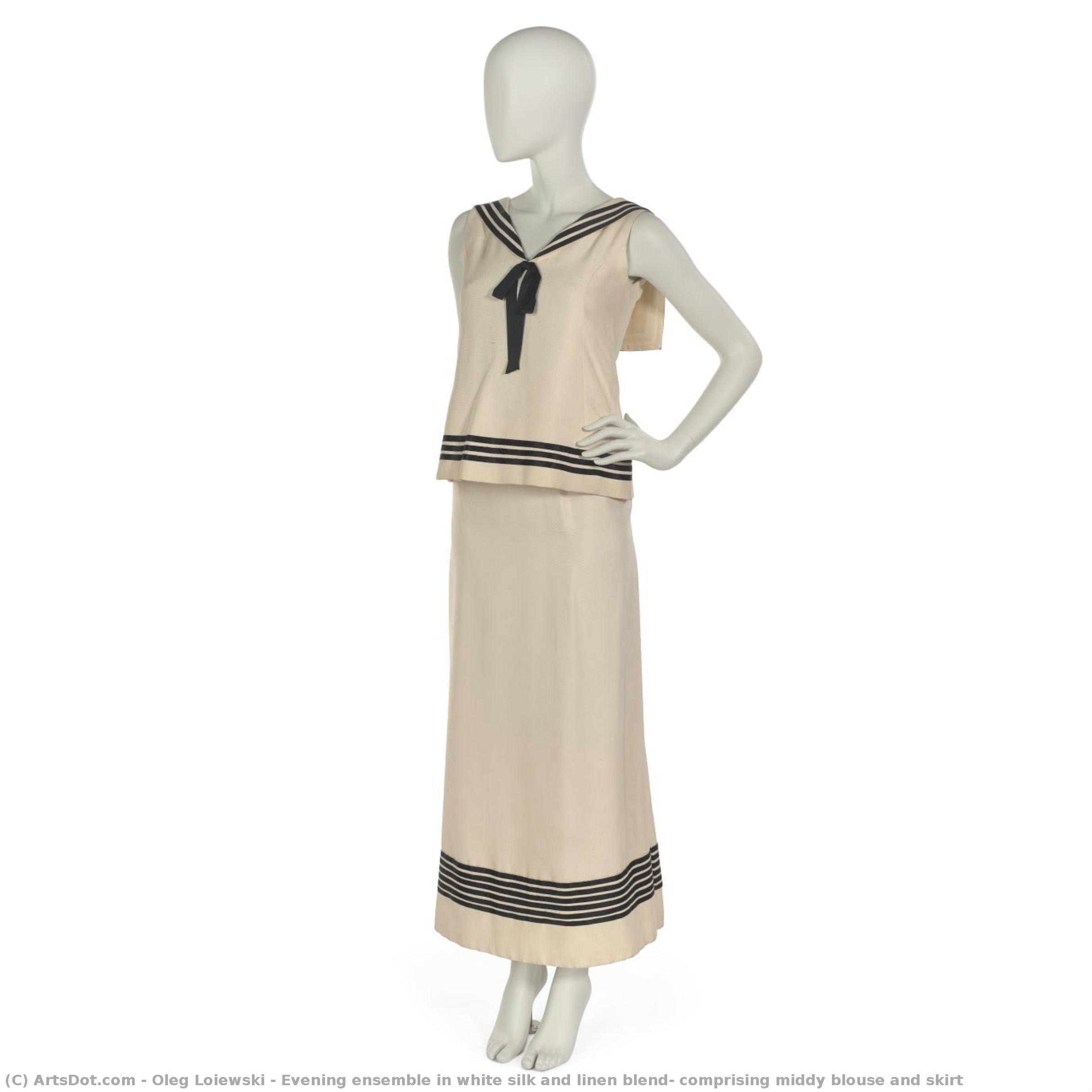 Evening Ensemble In White Silk And Linen Blend, Comprising Middy Blouse And Skirt — Oleg Loiewski