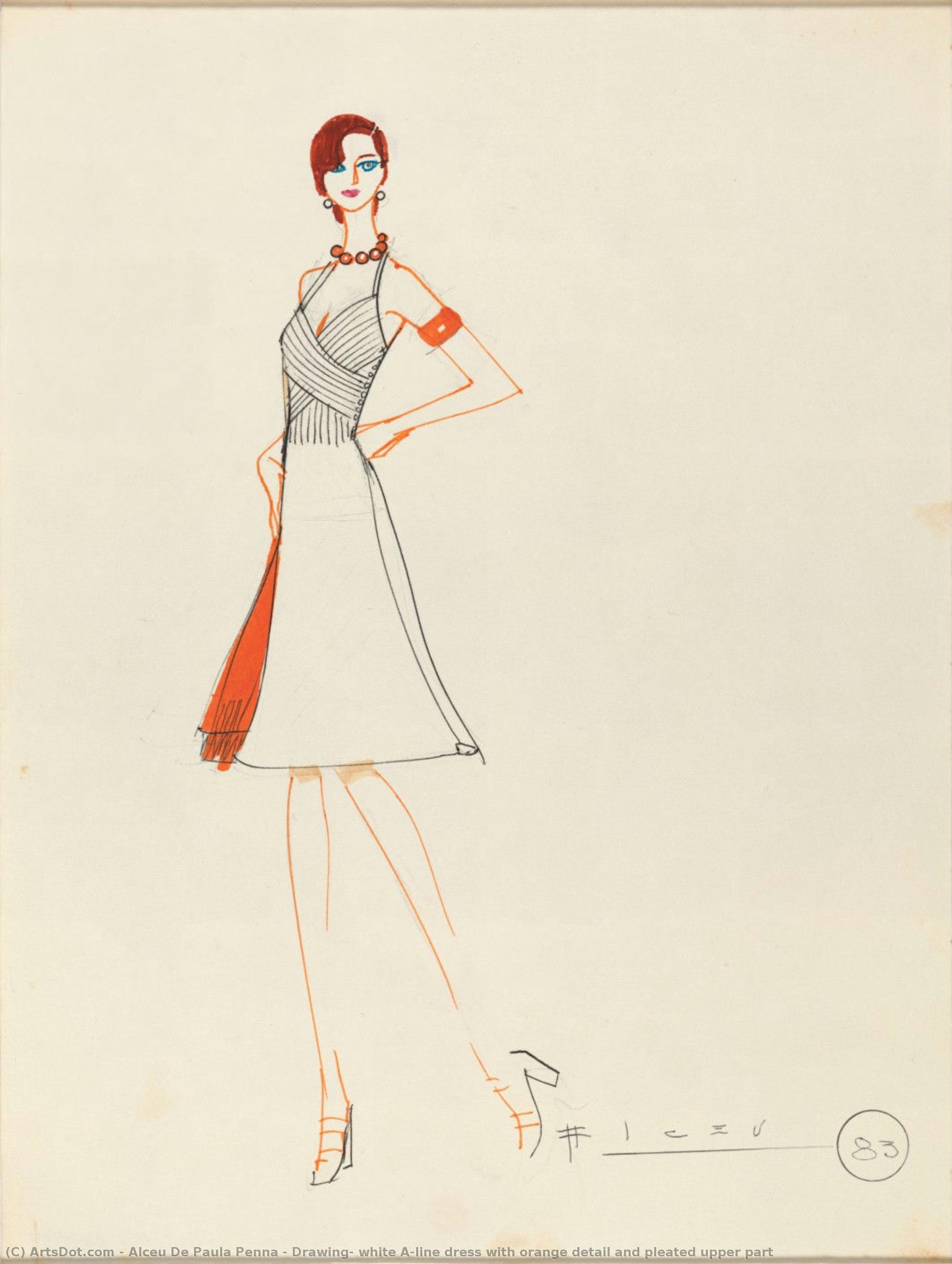 Drawing, White A-line Dress With Orange Detail And Pleated Upper Part — Alceu De Paula Penna