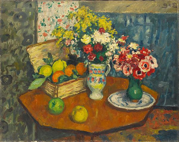 Basket Of Fruit And Two Vases Of Flowers — Georges D'espagnat