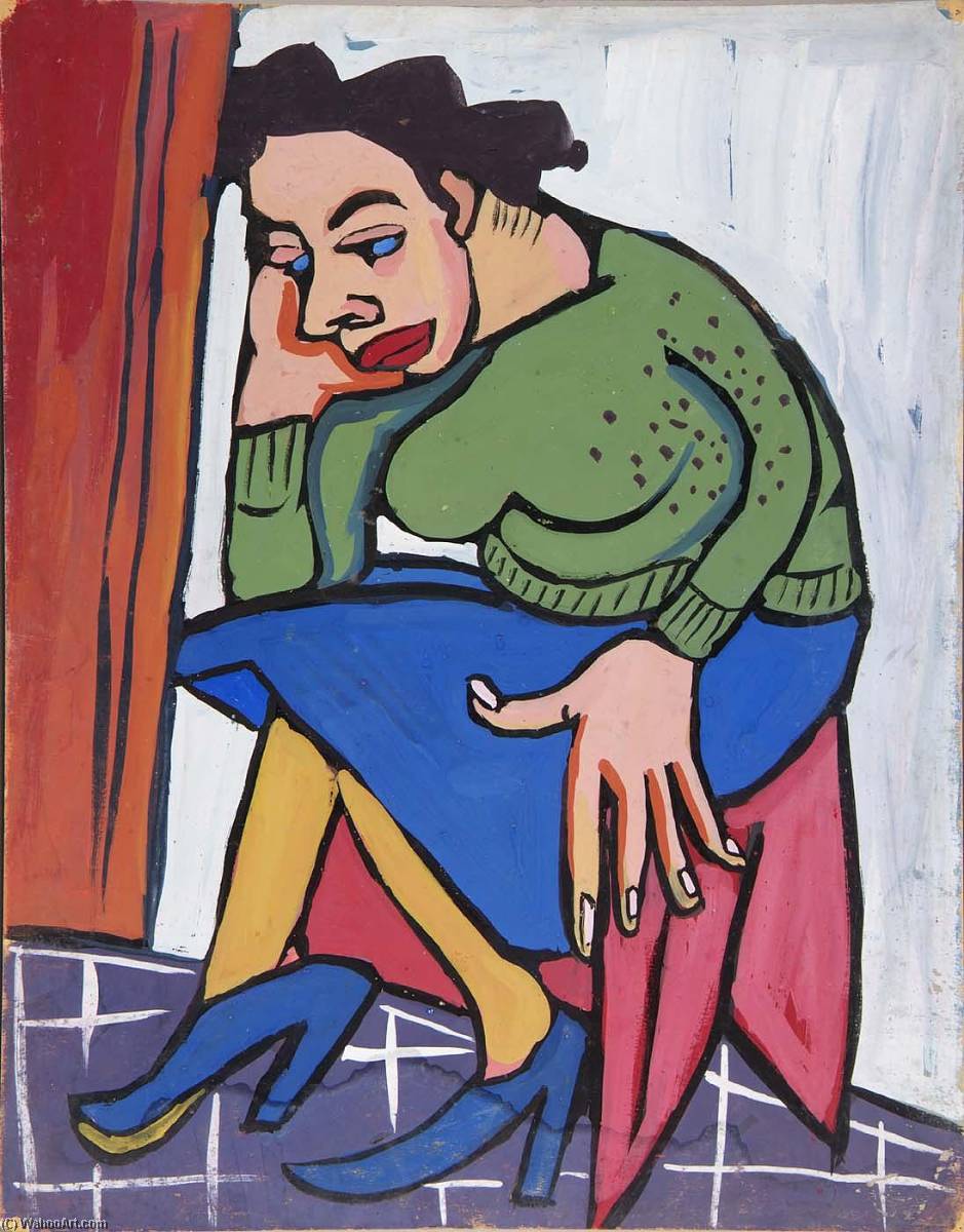 Woman In Green Sweater On Red Bench — William H. Johnson