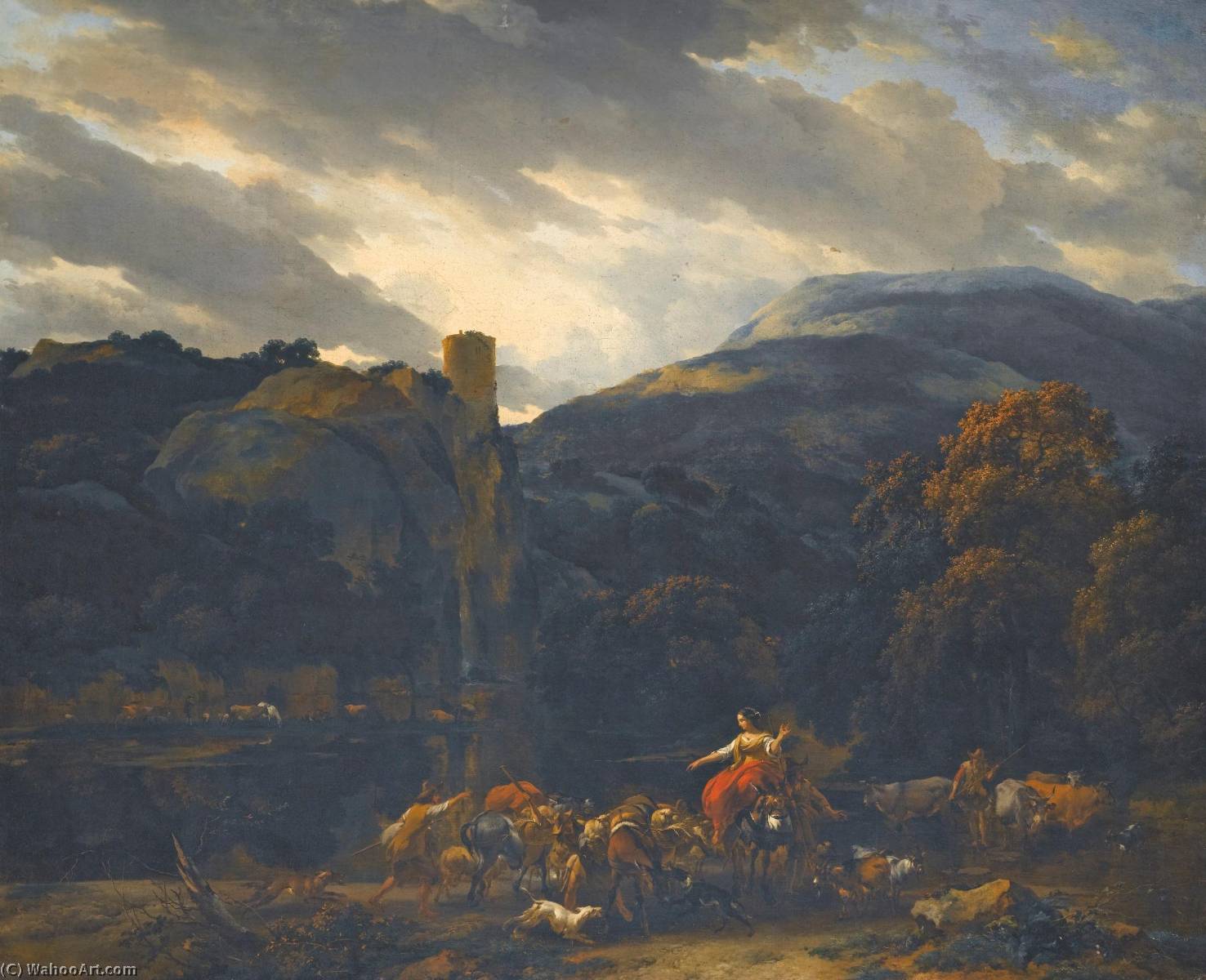 Italianate Landscape With A River Beneath A Castle Atop A Rocky Bluff, Muleteers And Drovers In The Foreground — Nicolaes Pietersz Berchem