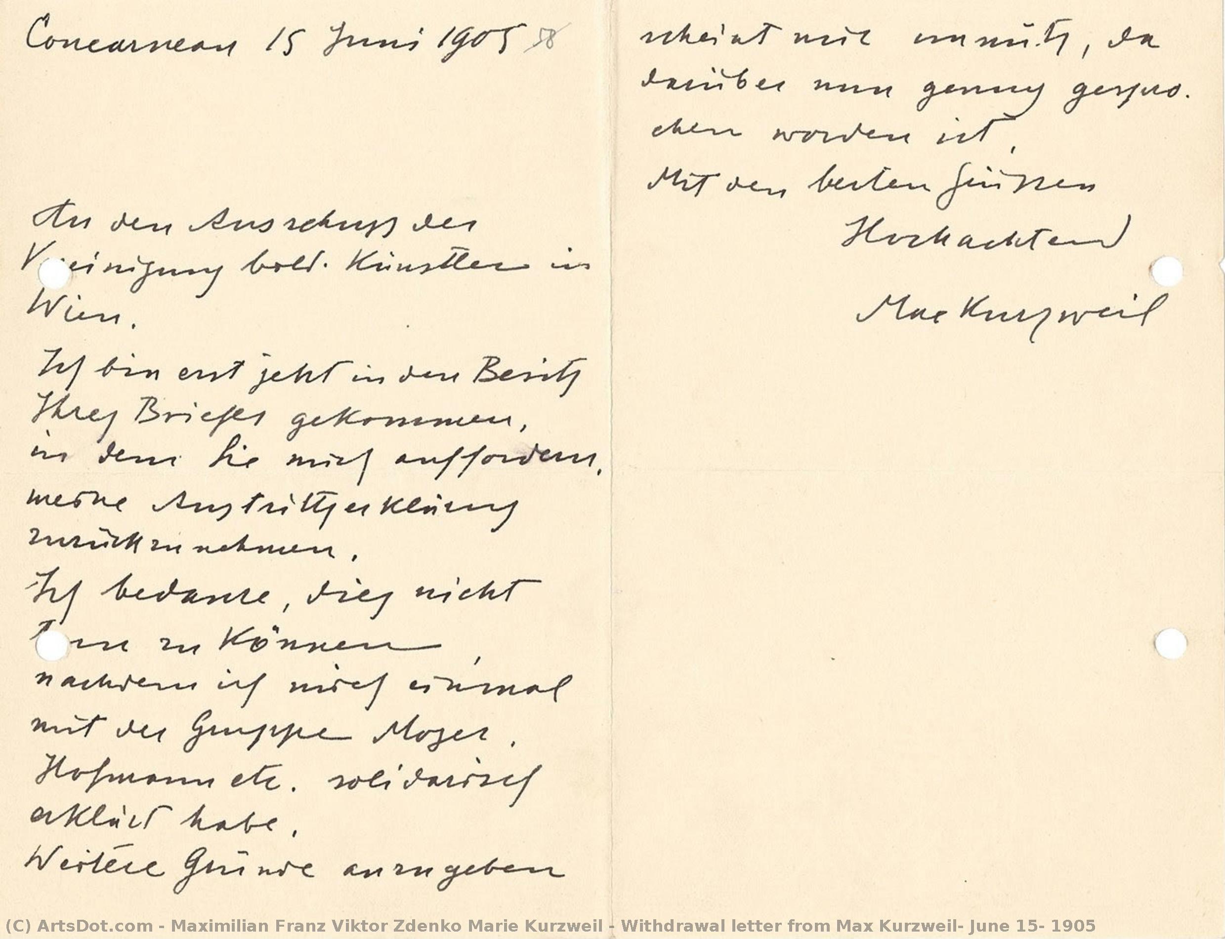 Withdrawal Letter From Max Kurzweil, June 15, 1905 — Maximilian Franz Viktor Zdenko Marie Kurzweil