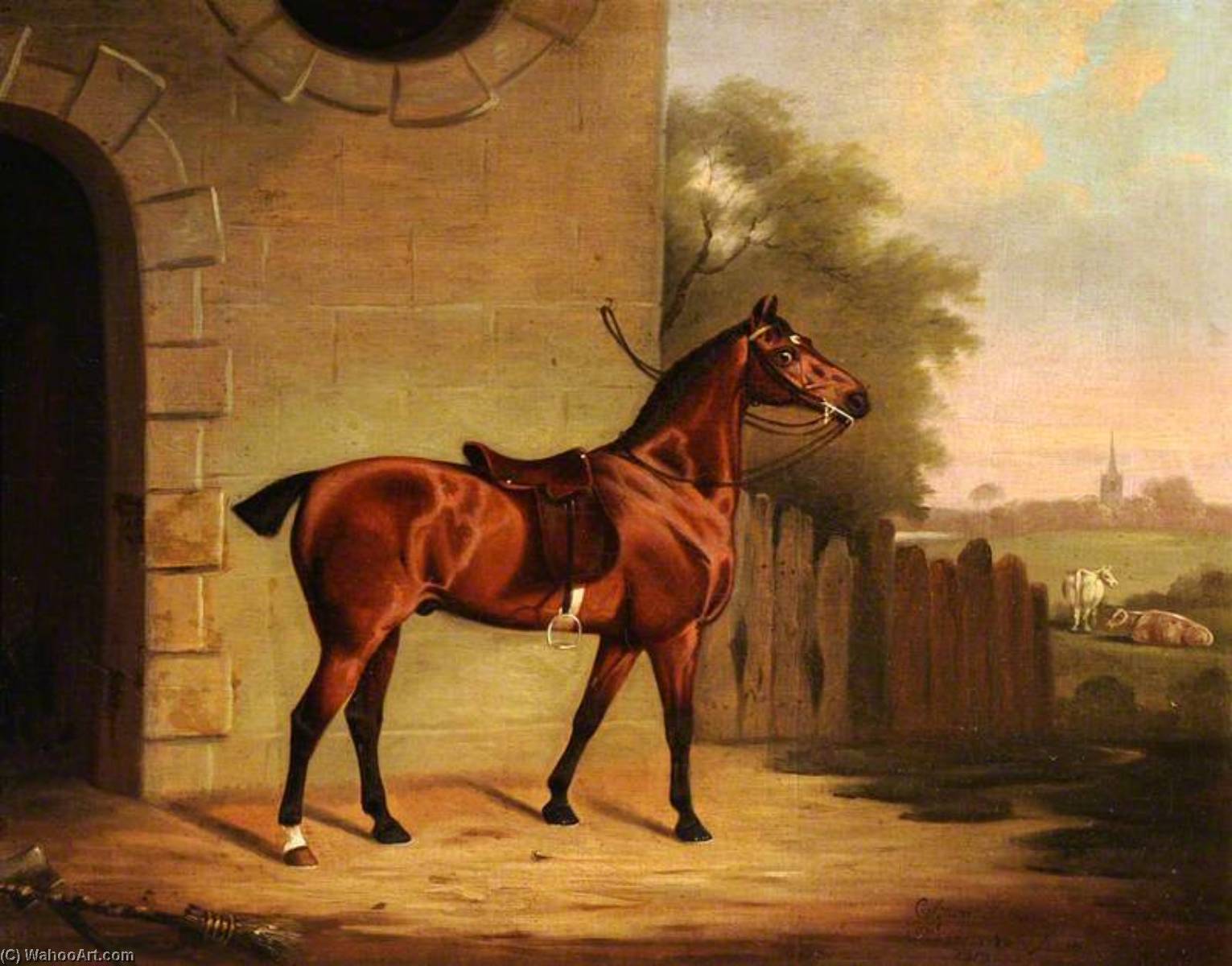 A Saddled Bay Hunter Outside A Stable Entrance — Clifton Tomson
