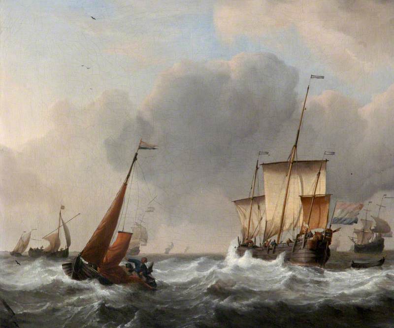 A Dutch Three Master And A Boeier In The Foreground, Her Mainsail Being Lowered In Stormy Weather — Willem Van De Velde The Elder