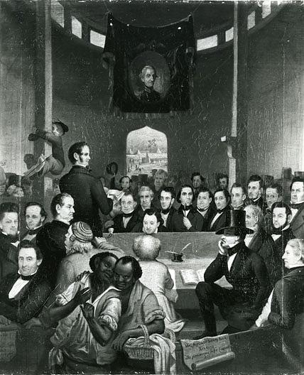 Meeting Of The Michigan State Agricultural Society Reading The List Of Premiums At The First State Fair, Detroit 1849, (painting) — Frederick E Cohen