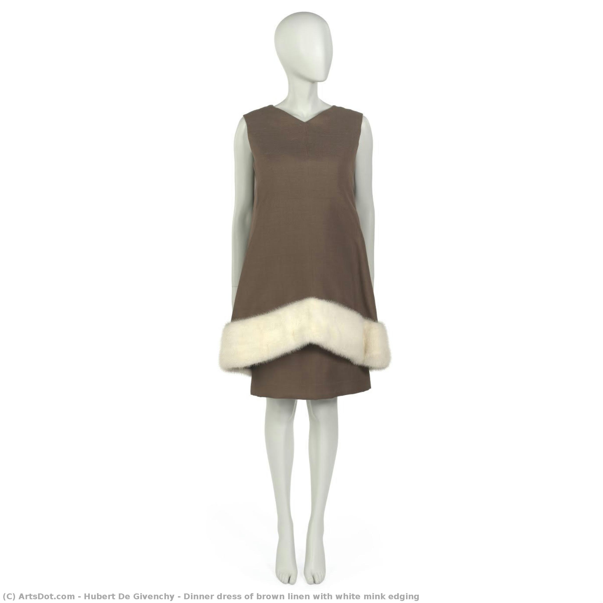 Dinner Dress Of Brown Linen With White Mink Edging — Hubert De Givenchy