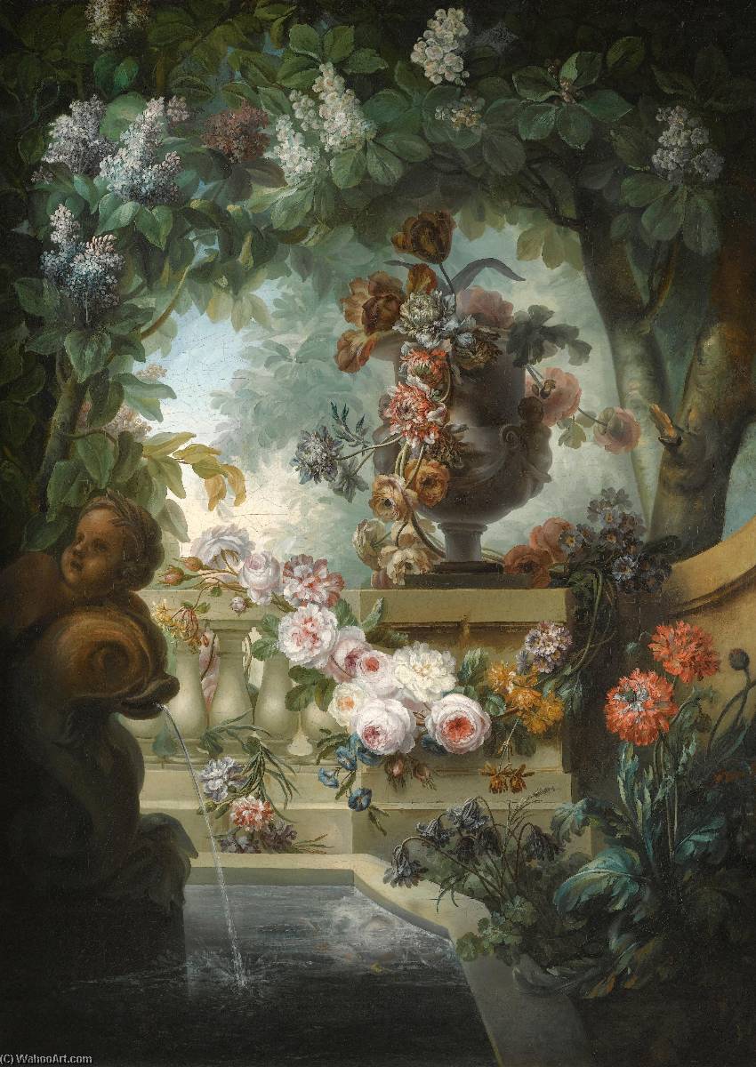 A Garden Scene With An Urn Of Flowers, A Flower Garland And A Fountain Beneath A Canopy Of Wisteria — Miguel Parra