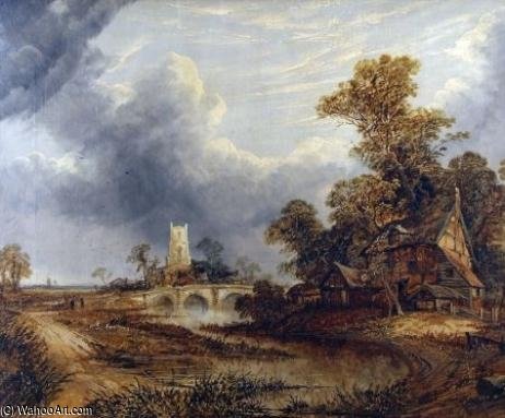 River Landscape With Bridge, Cottage And Church — Paul Jones