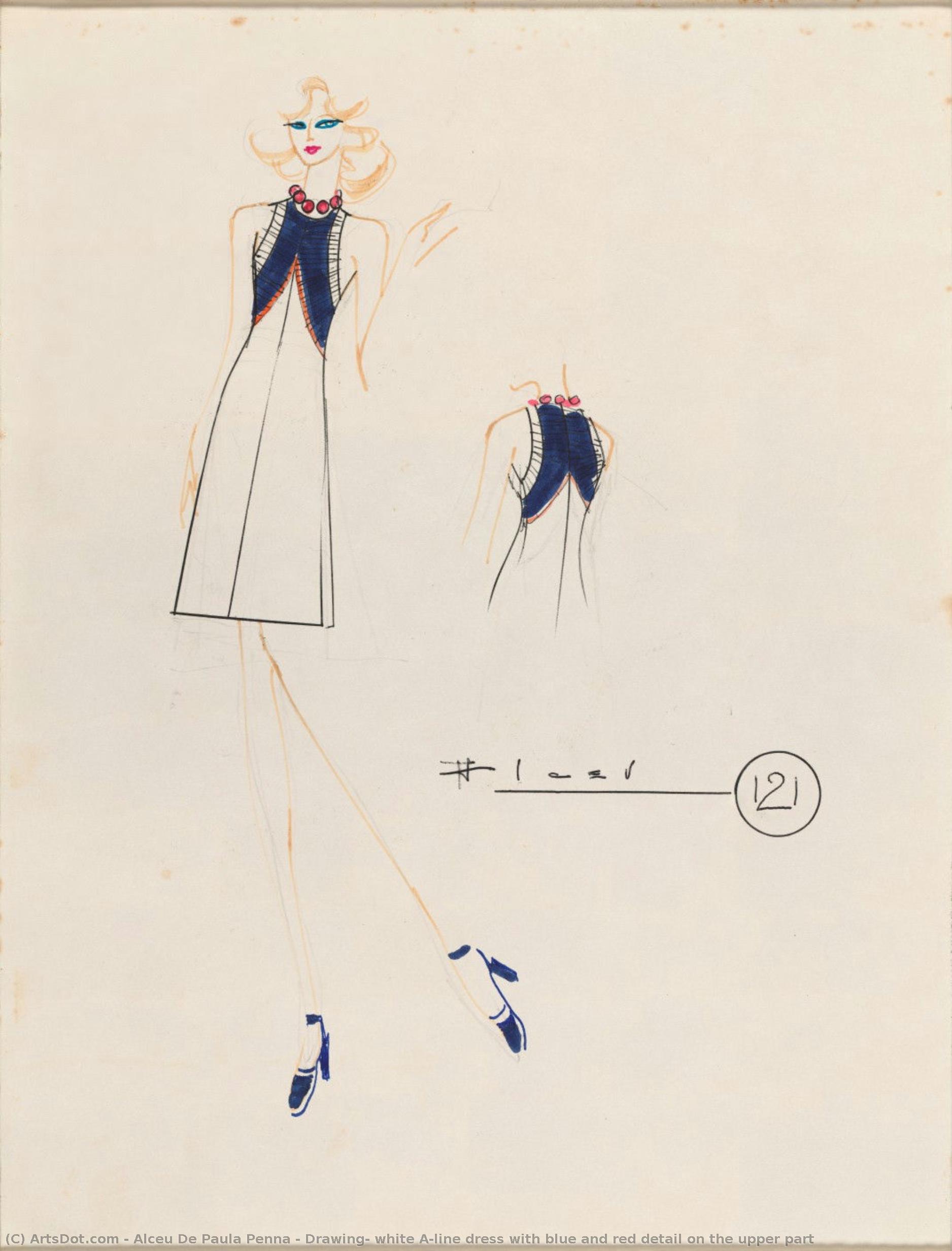 Drawing, White A-line Dress With Blue And Red Detail On The Upper Part — Alceu De Paula Penna