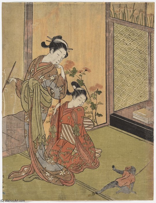 Two Girls Looking At A Monkey On A Leash — Suzuki Harunobu