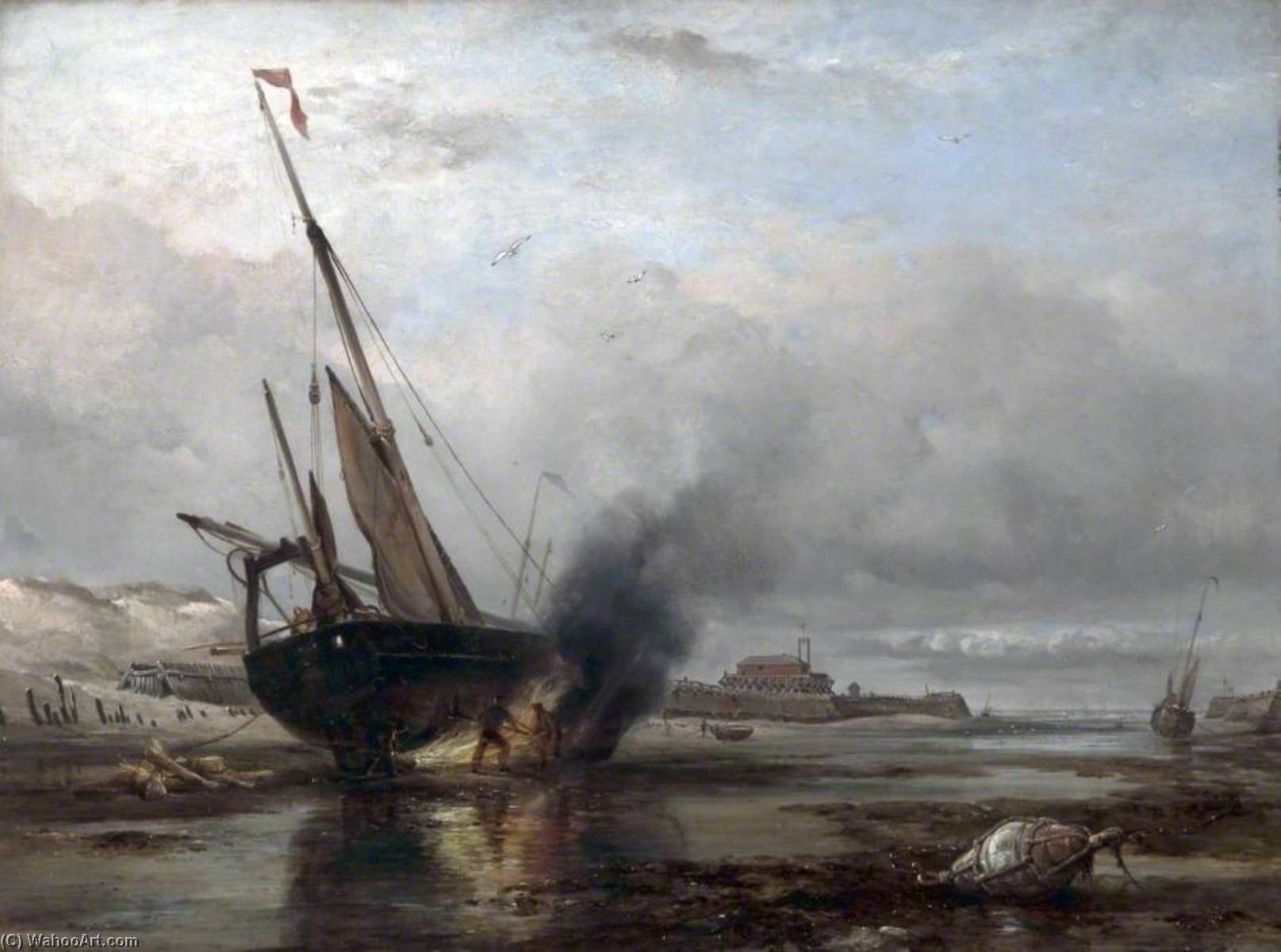 Breaming A Calais Lugger At Low Water — Edward William Cooke