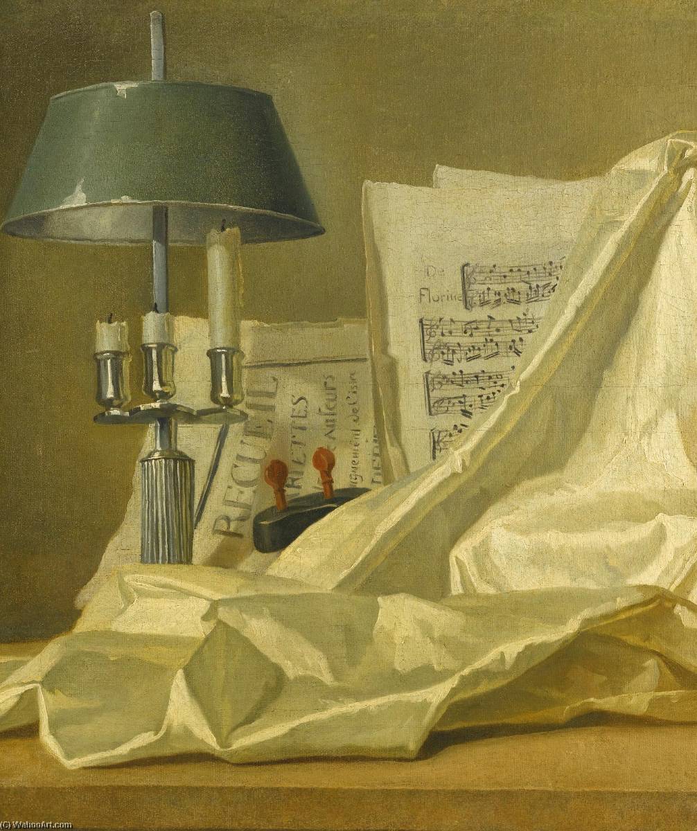 A Still Life With A Bouillette Lamp, A Sheet Of Music, A Violin And A White Satin Cloth On A Stone Ledge — Henri Horace Roland De La Porte