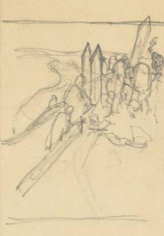 Cursory Sketch Of Men Erecting A Fence — Nicholas Roerich