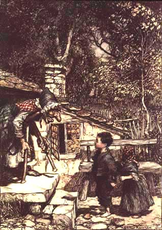 All At Once The Door Opened And An Old, Old Woman, Supporting Herself On A Crutch, Came Hobbling Out — Arthur Rackham